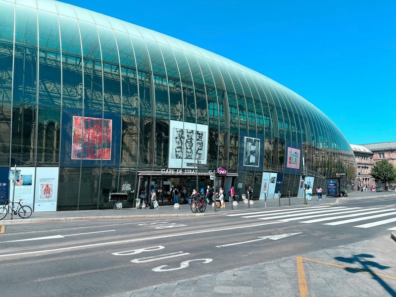 Modern glass facade of Gare de Strasbourg train station