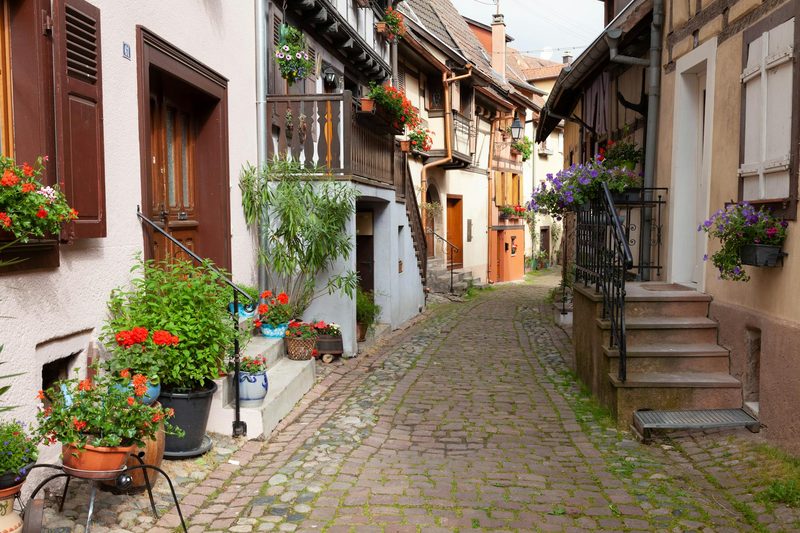 Cobblestone street with floral decorations and half-timbered houses in Alsace