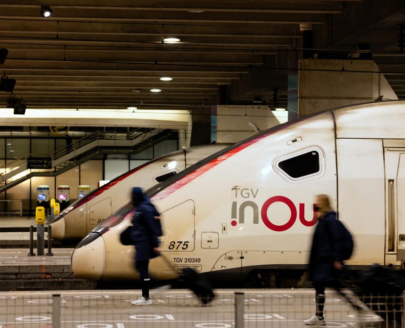 Travelers passing by TGV high-speed trains at a bustling Paris railway station