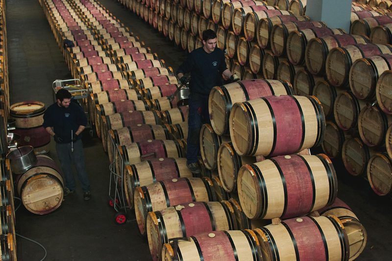 Oak wine barrels being managed in a professional cellar in Margaux, Bordeaux, France