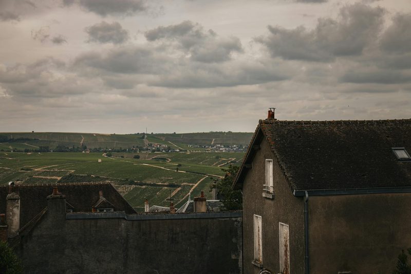 Countryside view with vineyards and charming village rooftops in the French wine region