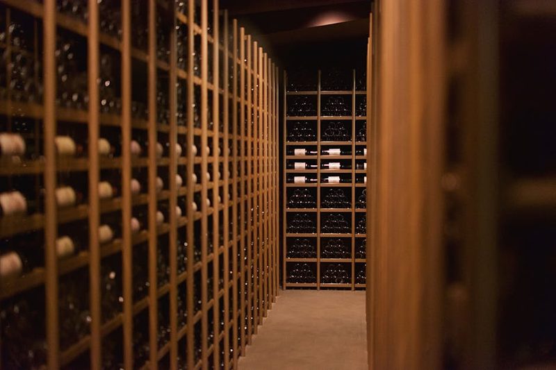 Elegant wine cellar display with rows of wine bottles in France